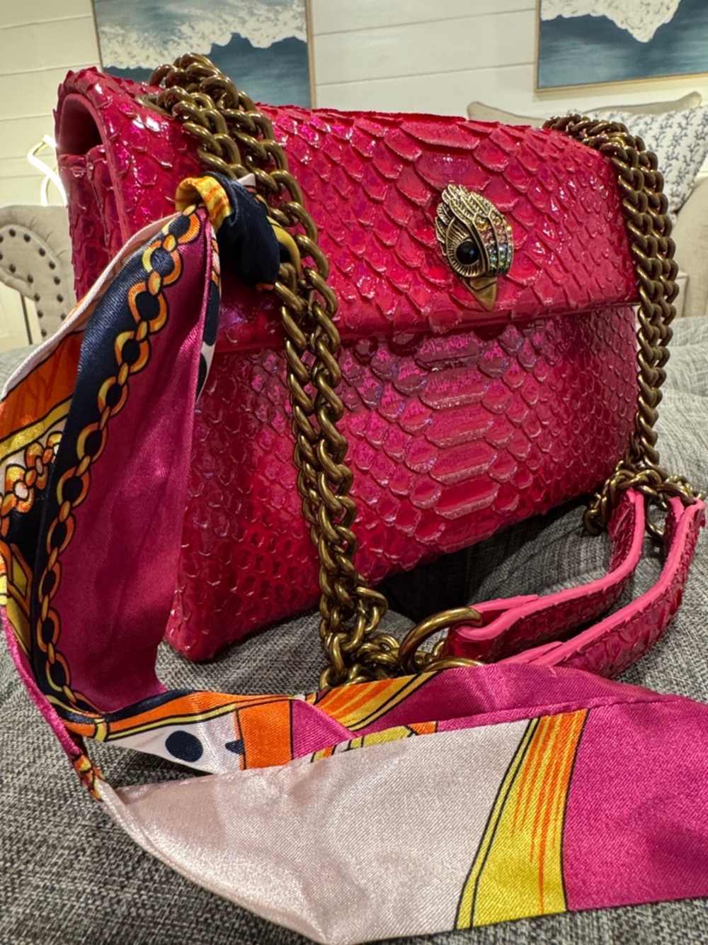 Kurt Geiger Bag Kensington Snake Embossed Sample Sale Pink Textured Crossbody - Picture 3 of 17